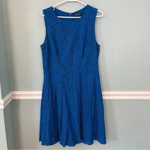 RALPH LAUREN blue lace overlay floral dress. Sleeveless. Size 12.